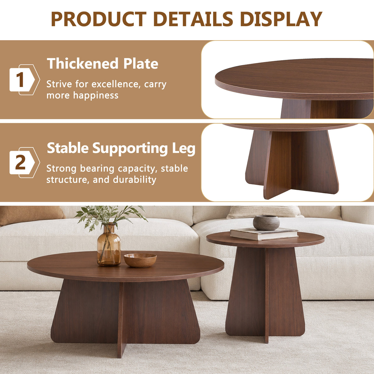 Retro-Style Nesting Coffee Table Set – Walnut or Natural Wood Finishes, Round Side Tables with Crisscross Legs