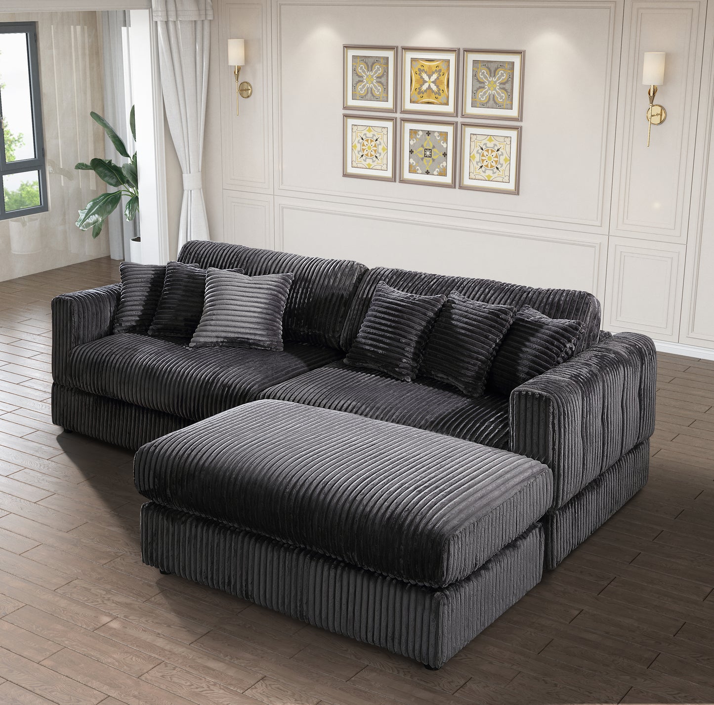 104.5" Modern Sectional Sleeper Sofa - Moveable Ottoman 6 Pillows