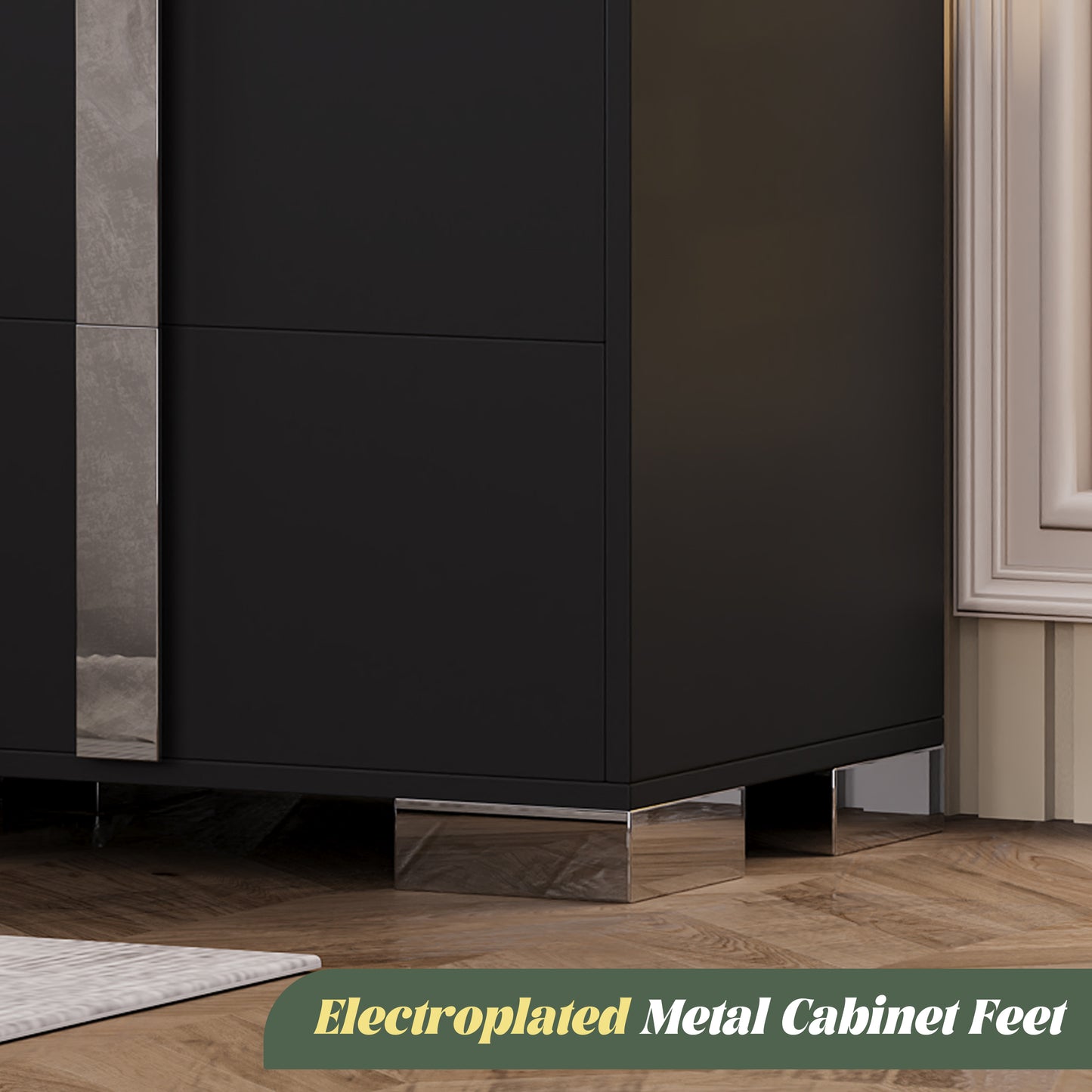 Nightstand with Metal Foot & Mirrored Metal Handles | 2-Drawer Wood Bedside Table – White/Grey/Black, Silent Slides