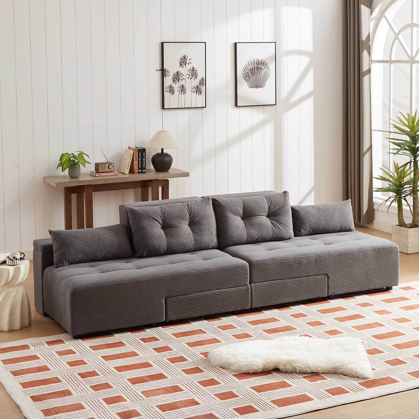 Corduroy Convertible 3 in 1 Sleeper Sofa and Sectional Sofa with 4 Storage Space With 4 pillows