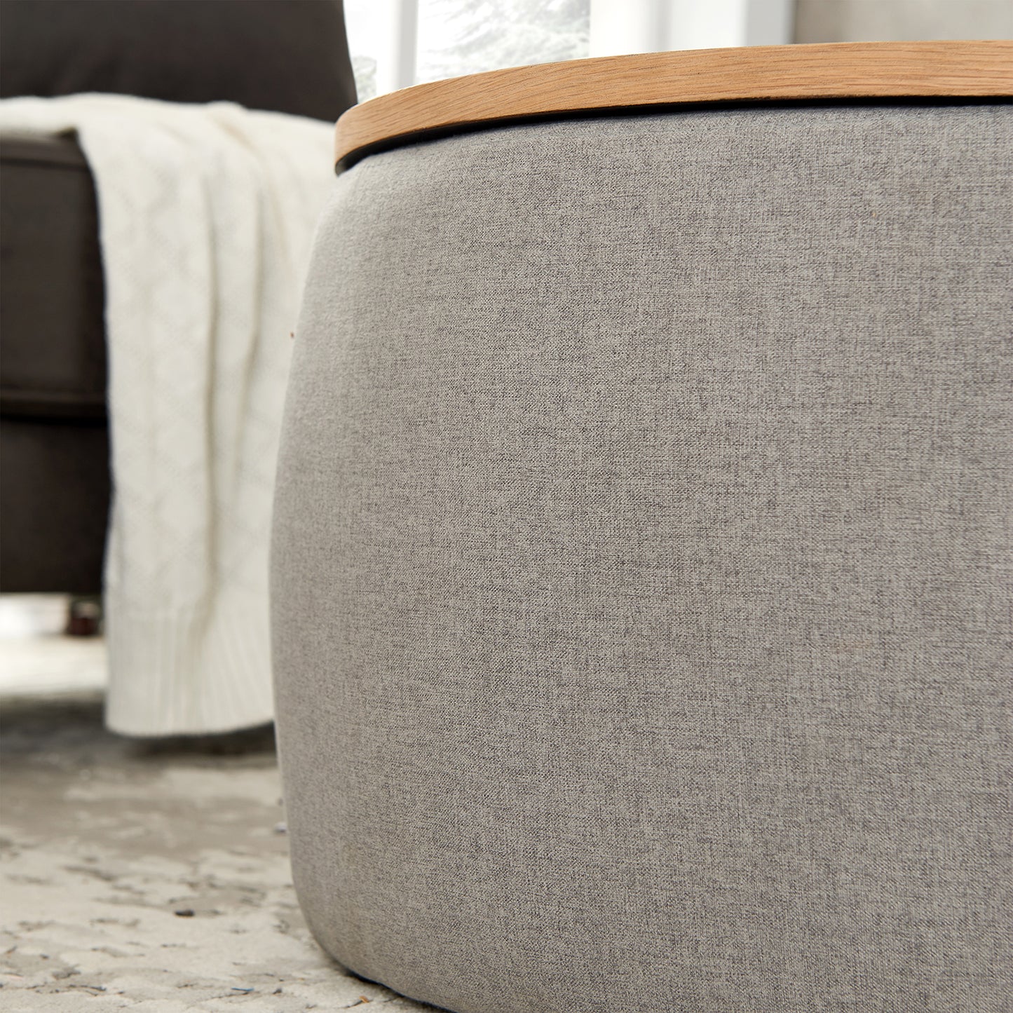Round Storage Ottoman | 2-in-1 Function – End Table & Ottoman, Handmade Linen Fabric, Removable Top