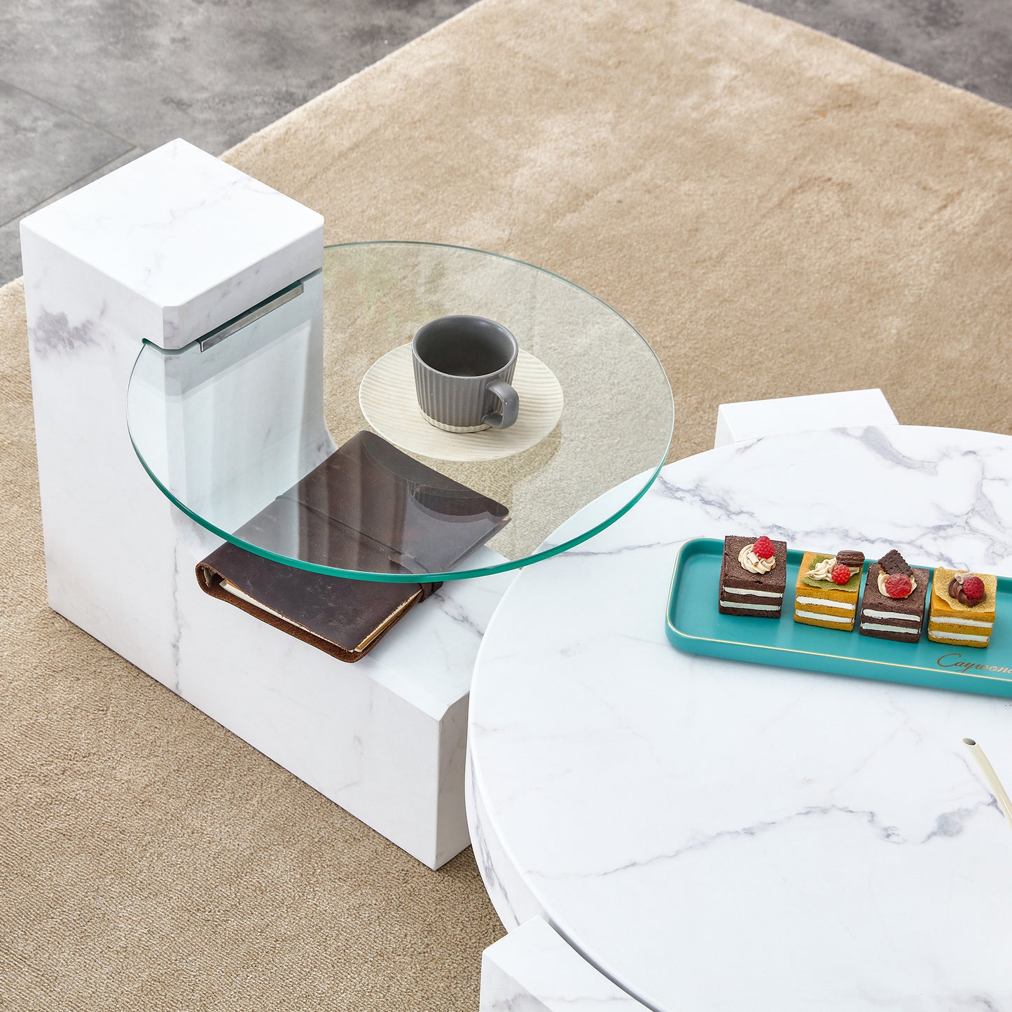Durable marble textured MDF coffee table with a side table