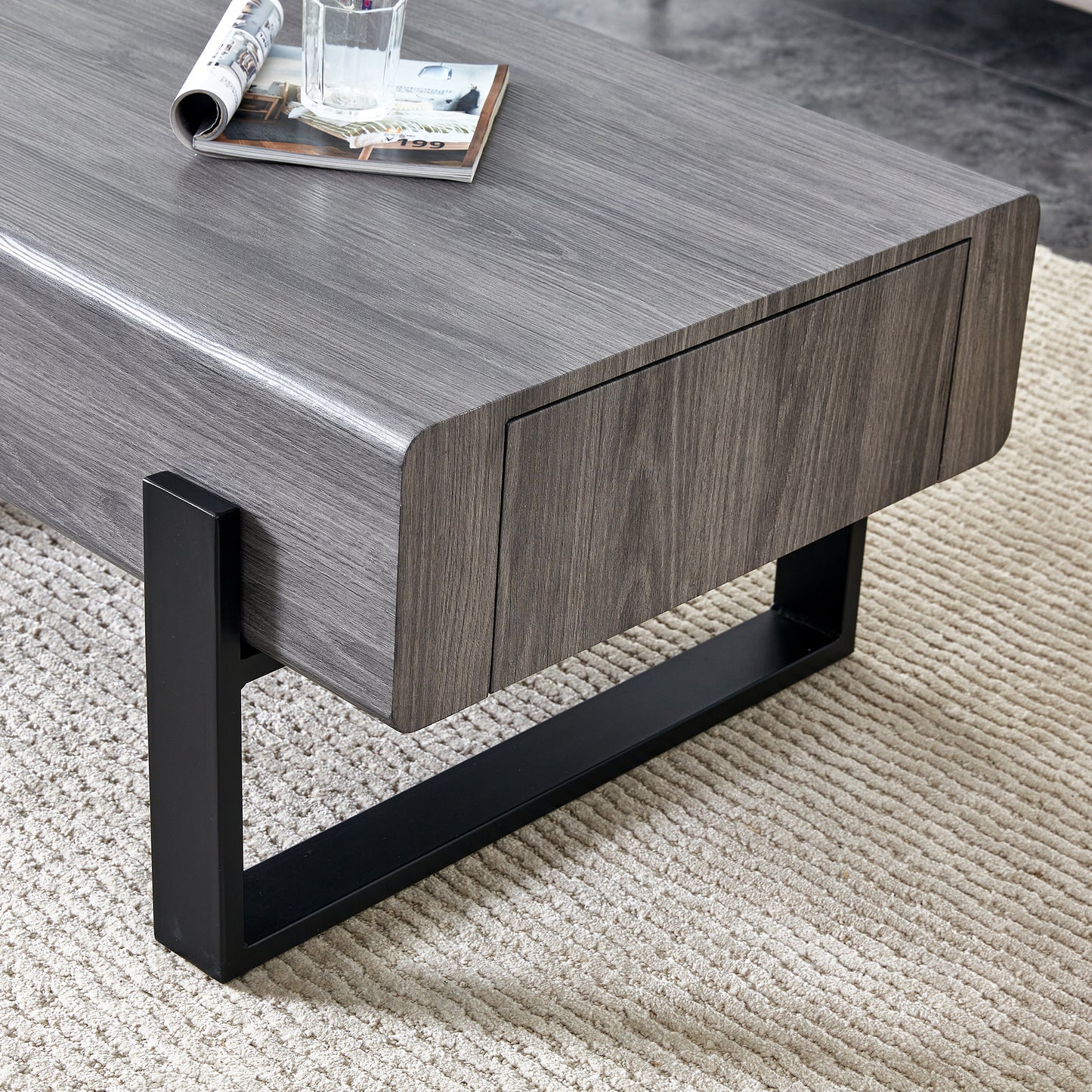 Living Room Coffee Table: MDF Build, Solid Wood Drawers, Black Metal Legs