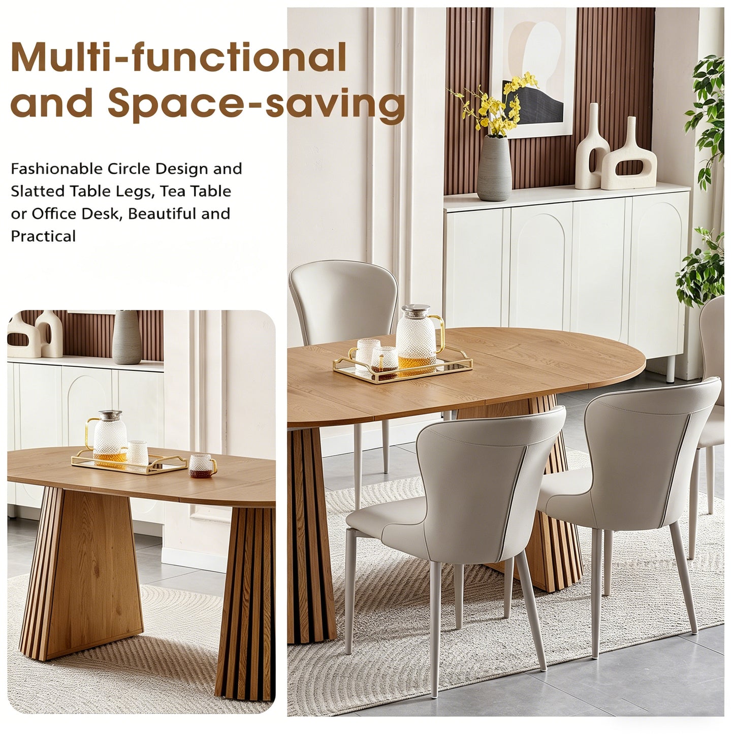 Wooden Dining Table | Flexible And Extendable with Slatted Table Legs – Oval Expandable Table for 4- 6, MDF+Wood