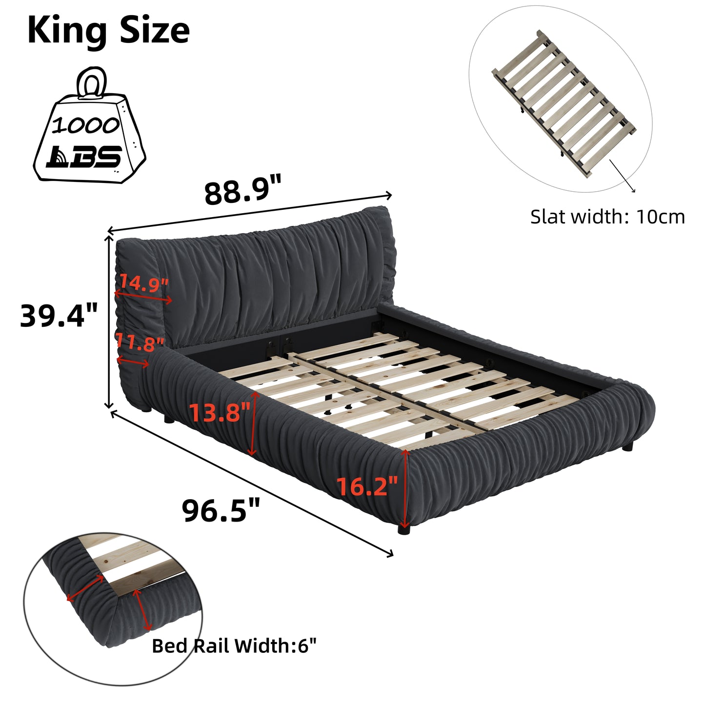 Luxury Upholstered King Bed: Solid Wood, Removable Cushion, Multiple Mattress Heights