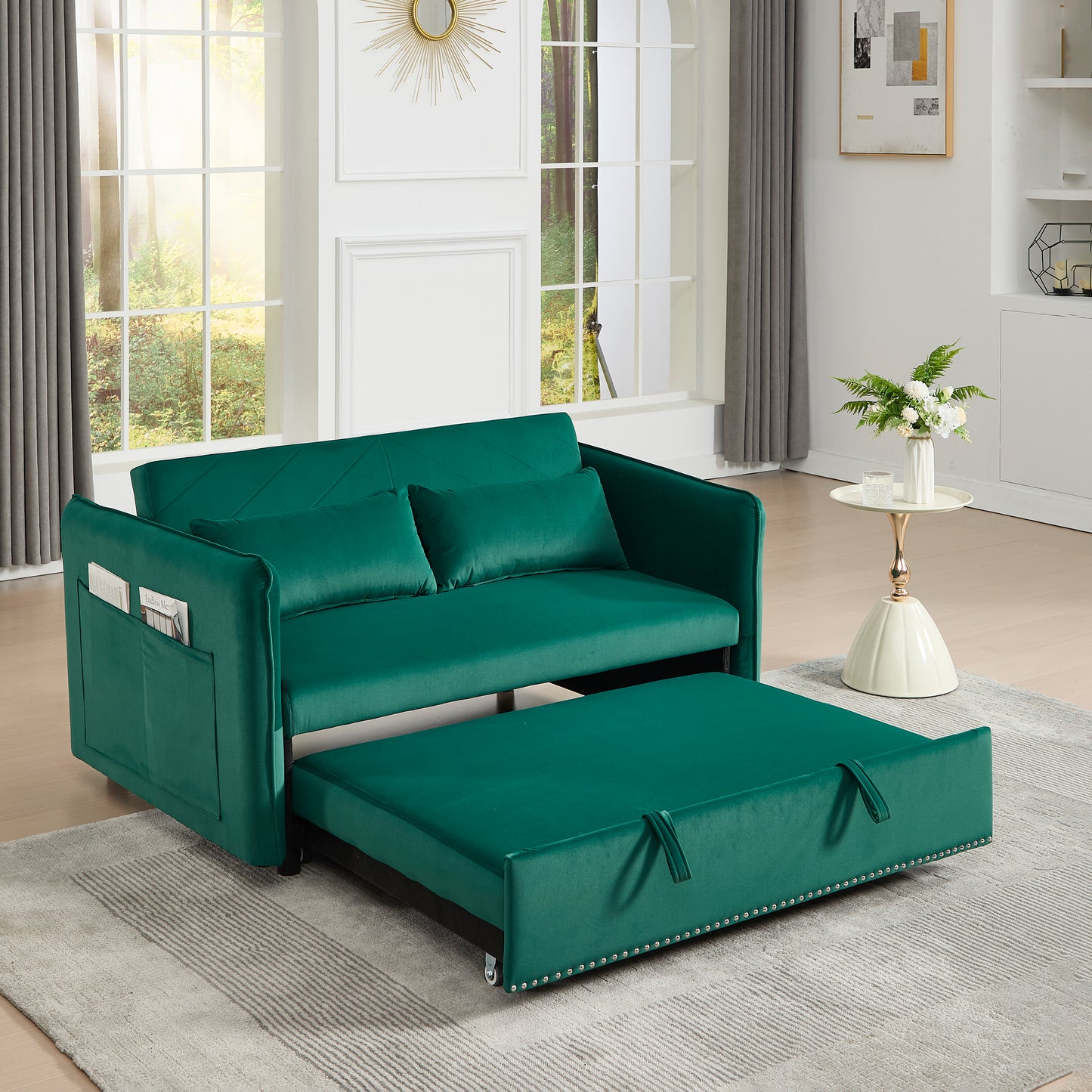 Velvet 3 in 1 Convertible Sleeper Futon Sofa Bed, Small Loveseat Lounge Couches with 2 Pillows, Reclining Backrest, Side Pockets
