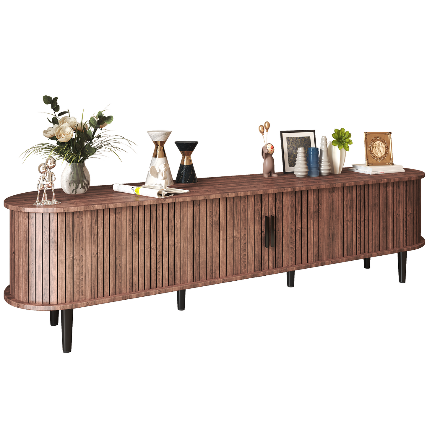 70 - Inch Mid - Century TV Stand: Sliding Doors, Adjustable Shelves