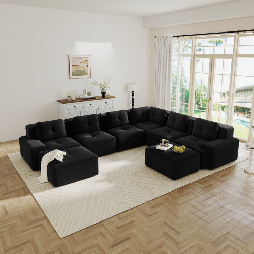 Modular Sectional Sofa for Living Room, Corduroy Fabric Deep Seat and Movable Ottoman, Pearl-like piping, Tufted Design, No Assembly