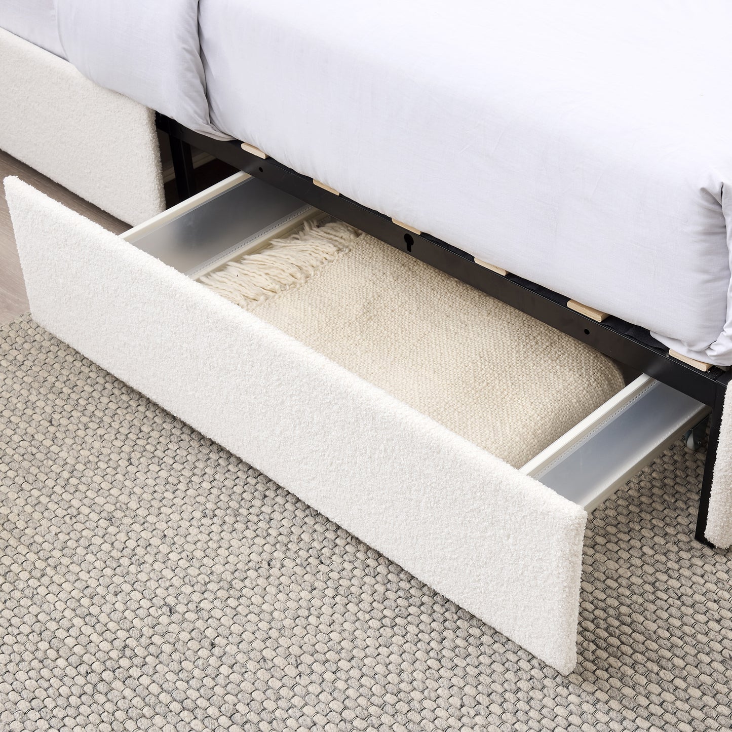 Luxurious Ivory Boucle Upholstered Bed with 4 Patented Drawers Storage