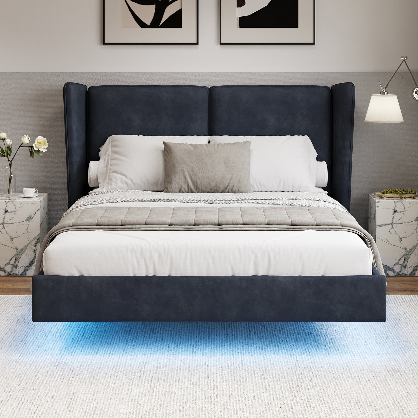 Modern-Style Velvet Floating Bed Frame