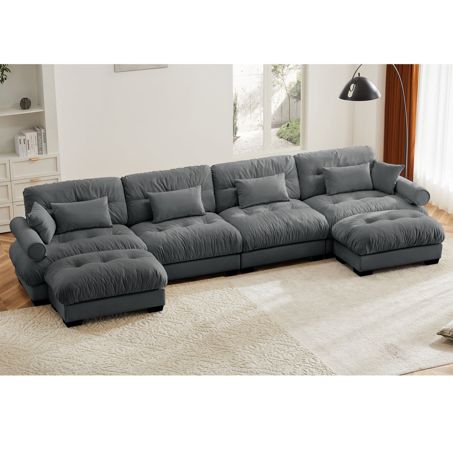 Deep Seat Cloud Couch Modular Velvet Sectional Sofa Couch with Movable Ottoman,Corner Sectional with Bolstered Armrests