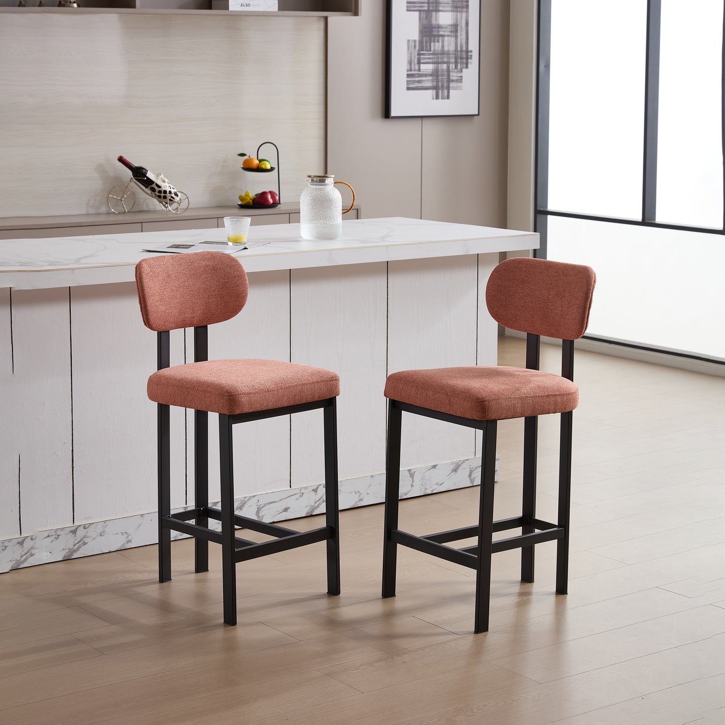 Bar Stools Wiht Black Metal Legs Set of 2, Modern Upholstered Fabric Counter Height Barstools