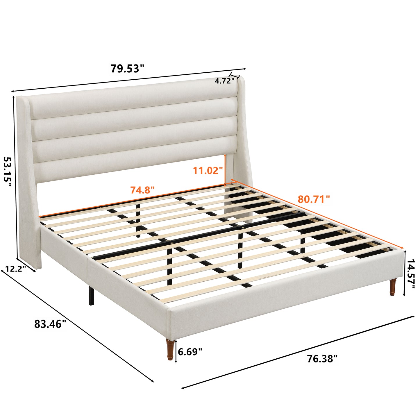 High Headboard Upholstered Platform Bed Frame | Wave-Shaped Headboard – Premium Chenille Fabric, Ivory