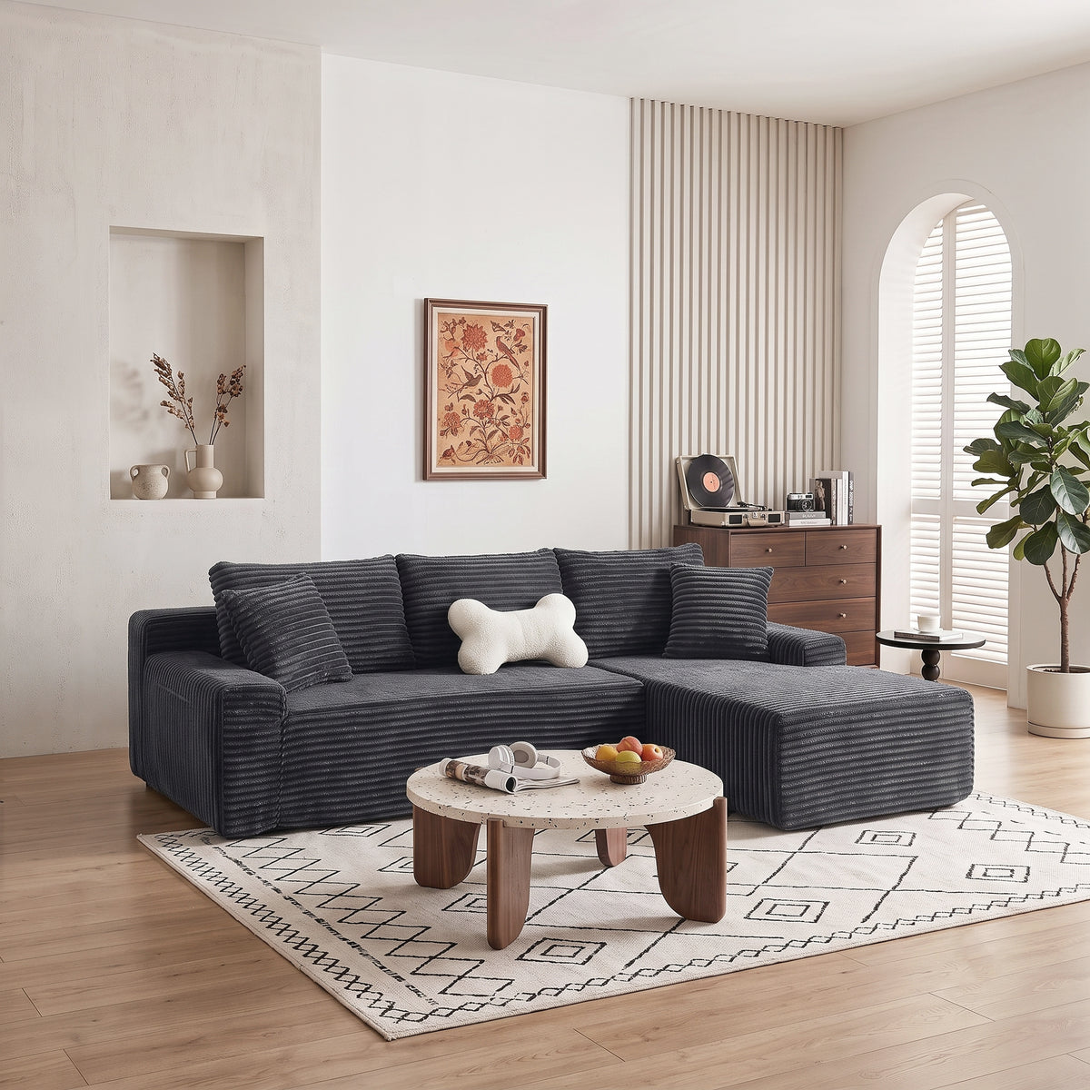 Left/Right Chaise L-Shaped Boneless Cloud Sectional Sofa – Modular Corduroy Couch with Arm Storage Pockets, Deep Seat, No Assembly