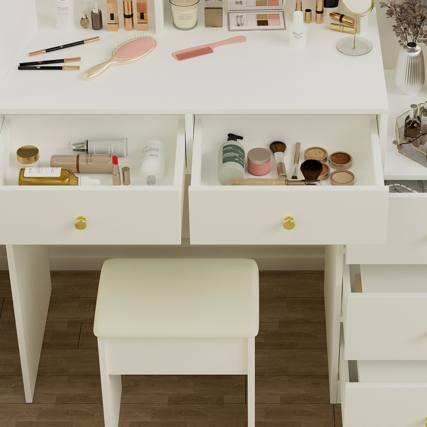 Fashion Vanity Desk Set: Mirror with Lights, Cushioned Chair, 3 - Color Lighting, Makeup Dressing Table