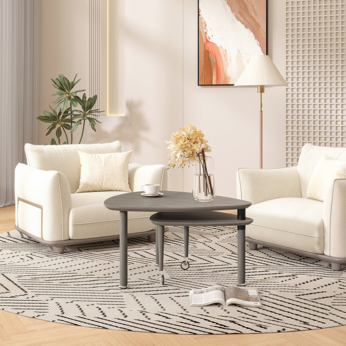 360° Rotatable Modern Coffee Table for Living Room – Solid Wood Legs with Nesting Design (Black/Walnut/White)