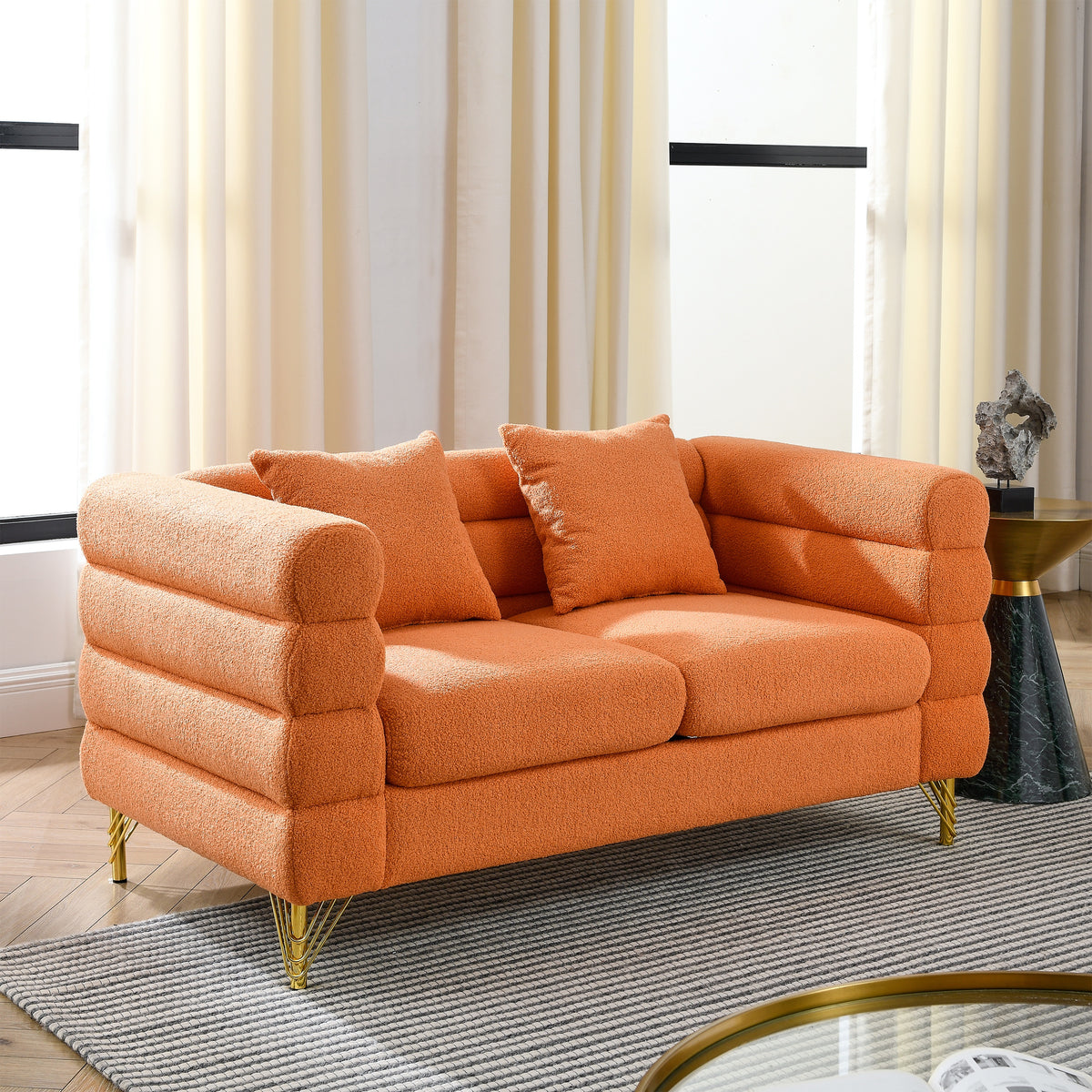 2-3 Seater Teddy Fabric Deep Seating Loveseat Sofa with Pillows – Streamline Modern Design