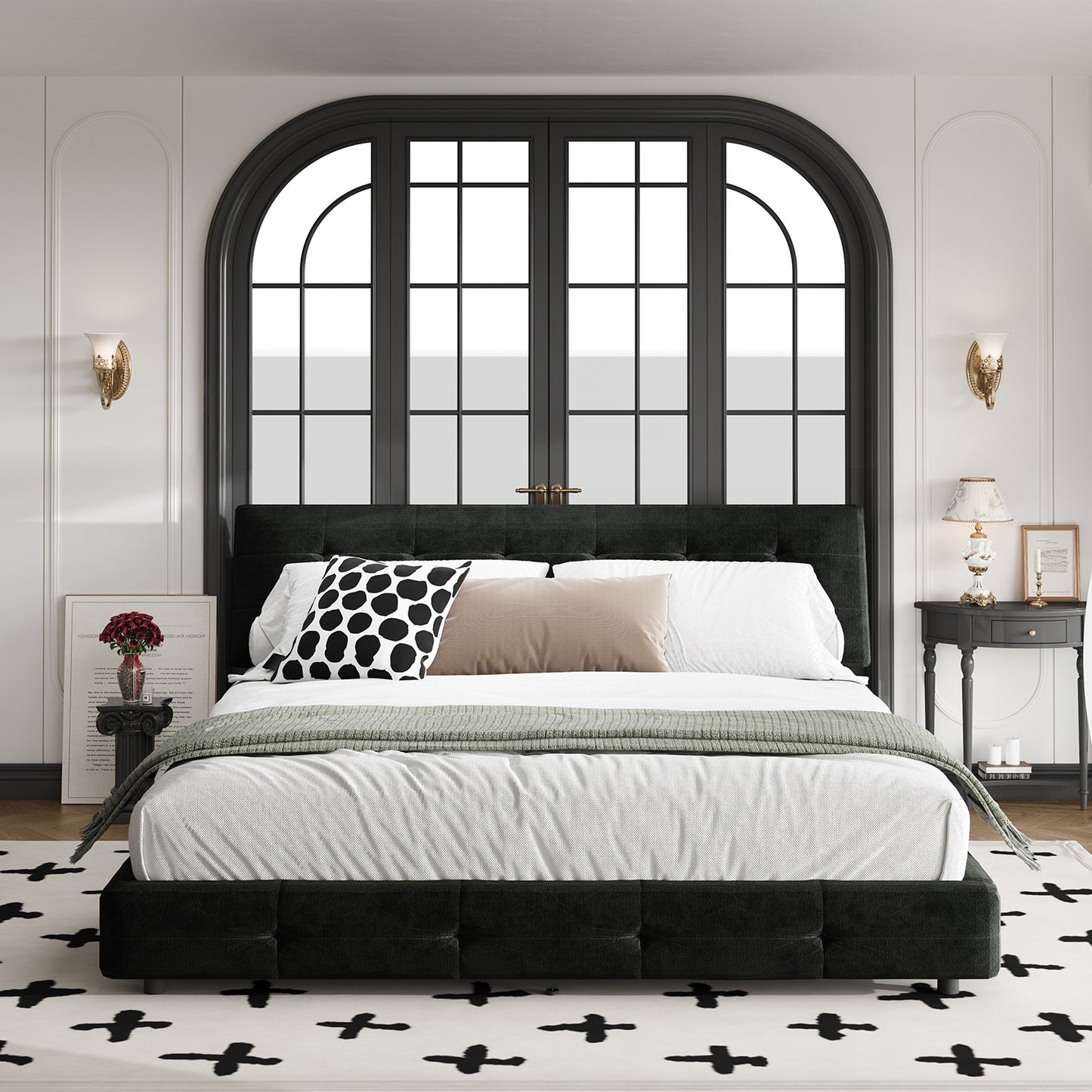 Queen/King Size Bed Frame Chenille Platform Bed with Metal and Wooden Slats Double Support – Cloud Pillow Headboard, Silent Sturdy