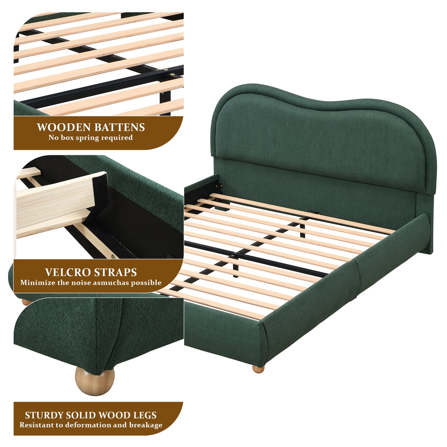 Upholstered Platform Bed Frame with Rounded Corners Curved Headboard | Chenille Fabric, Wooden Slats, Oak Legs – No Box Spring Needed (Queen/King)