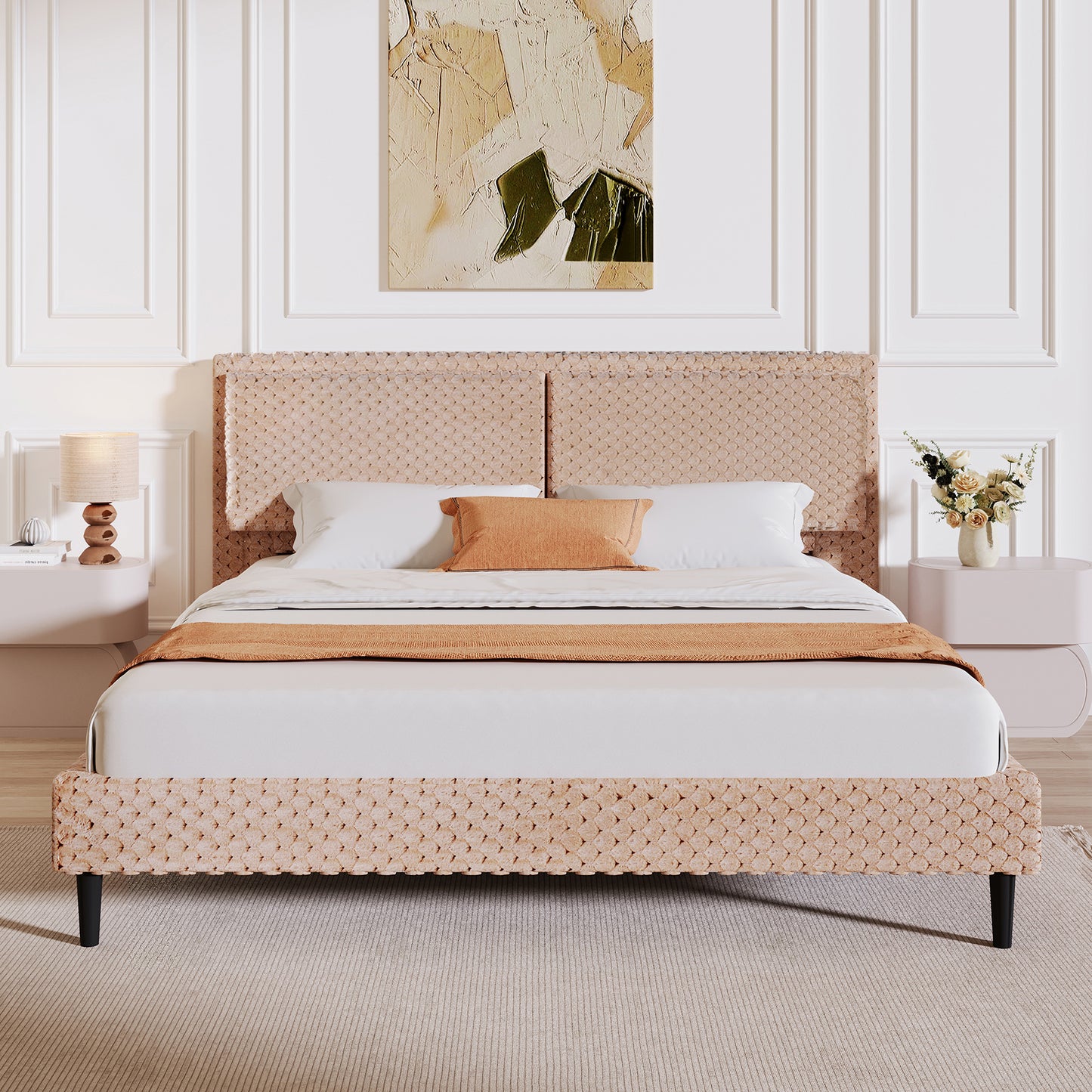 Modern White Plush Soft Bed – Comfortable Backrest Bedroom Bed (Queen/King)