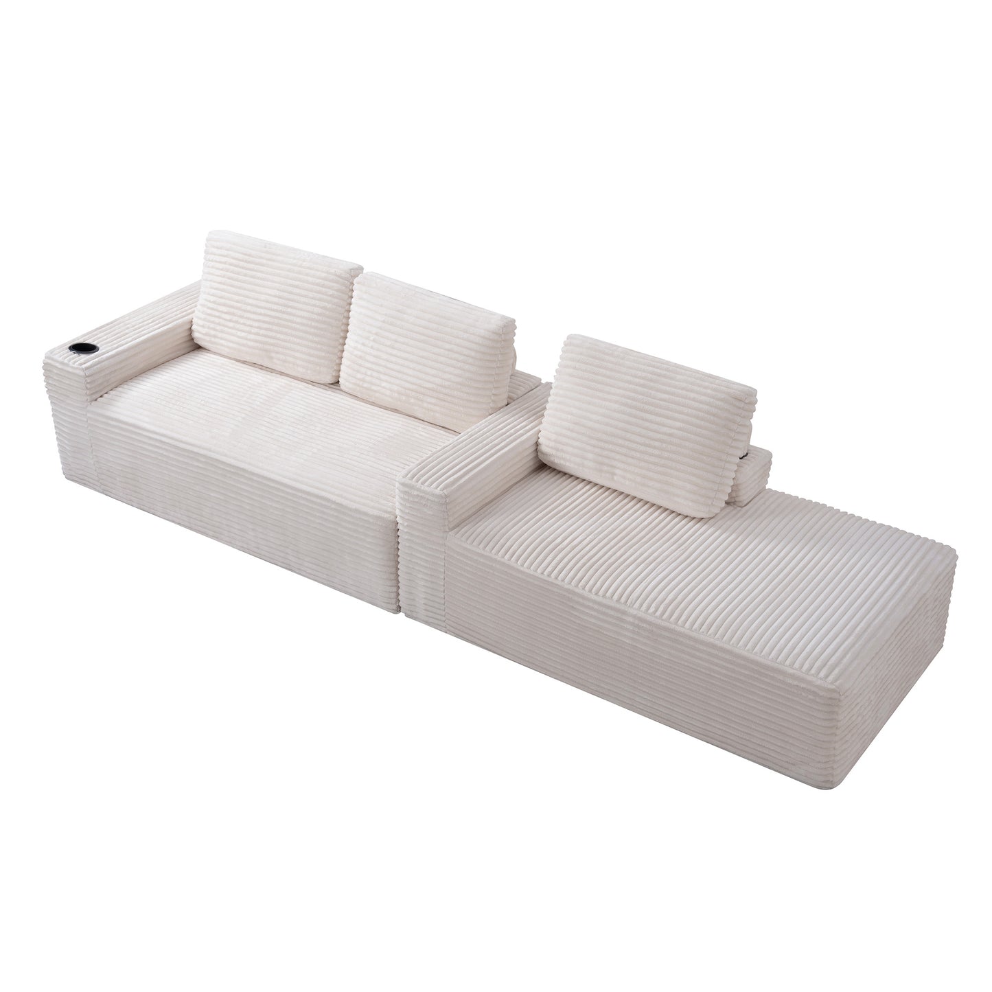 Corduroy Boneless L-Shape Chaise Sofa – No Assembly, Cup Holders, Storage Pockets (Cream White)