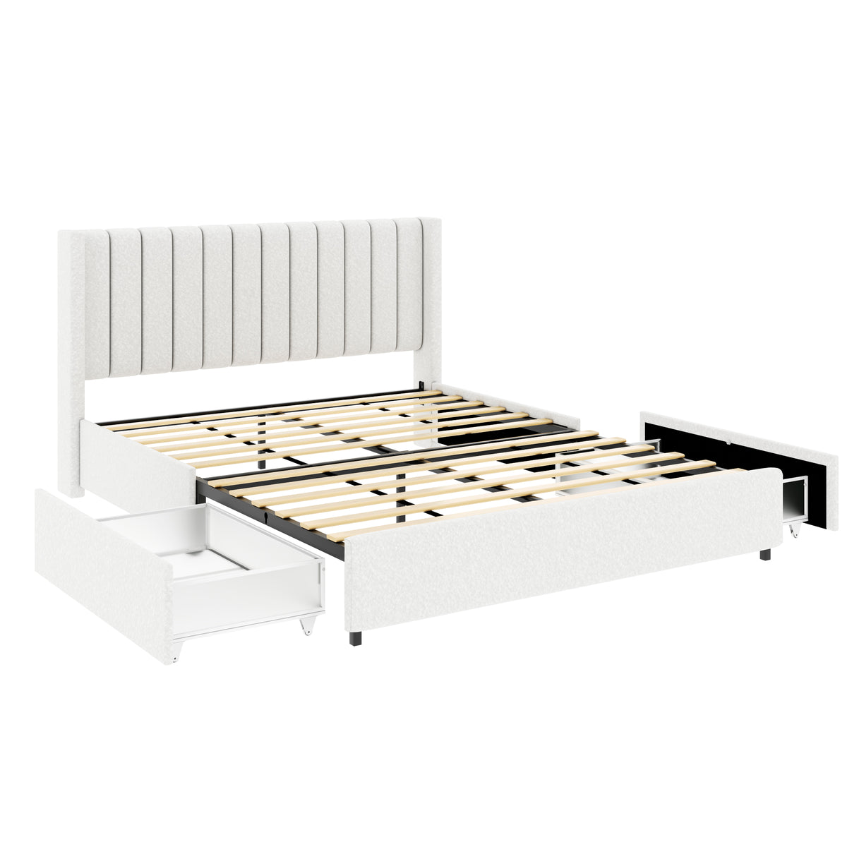 Patented 2-Drawer Storage Bed Queen Size Ivory Boucle Upholstered Platform Bed, Tufted Headboard, Wooden Slat Mattress Support