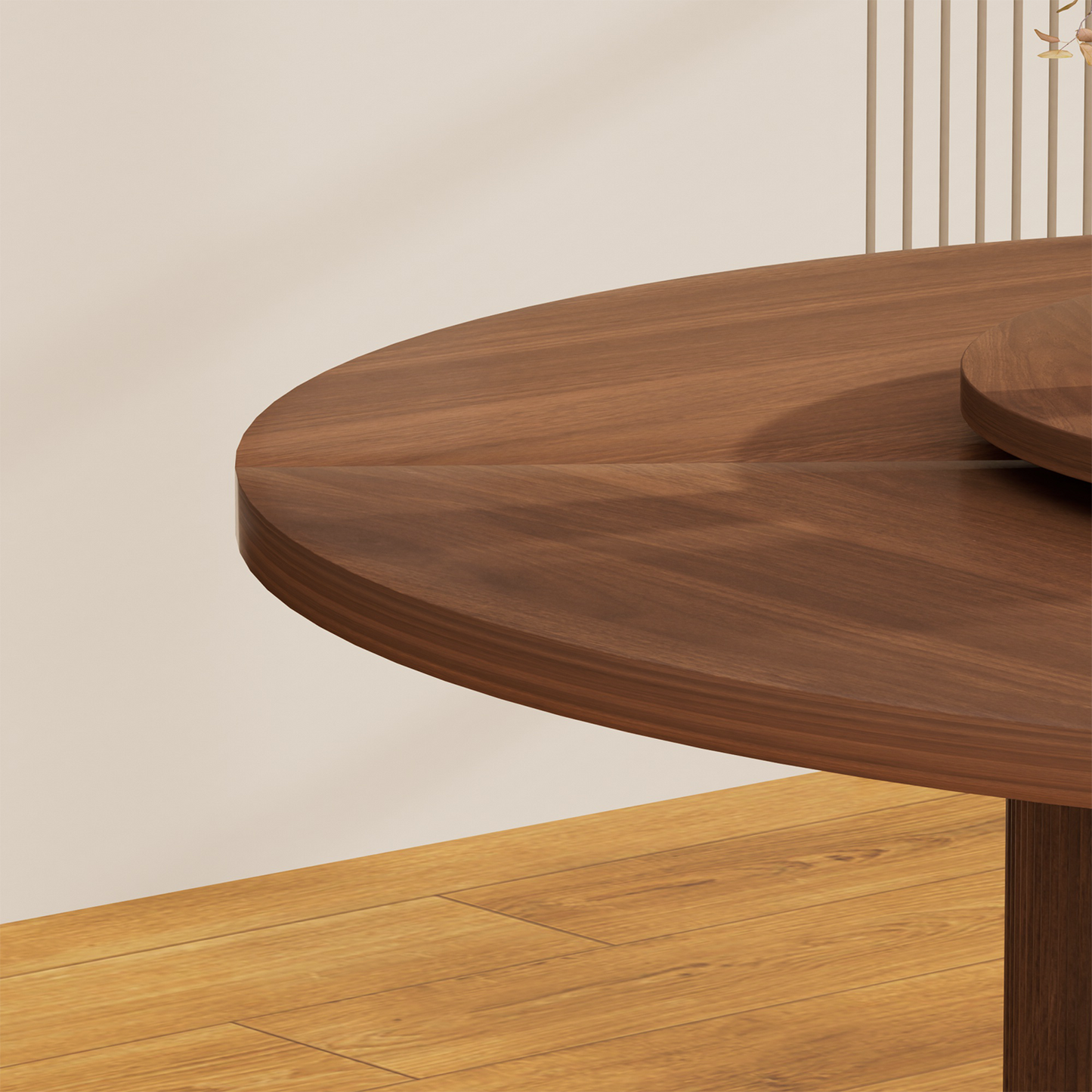 Round dining table with featuring a double-tiered storage rack and a rotating tabletop tray