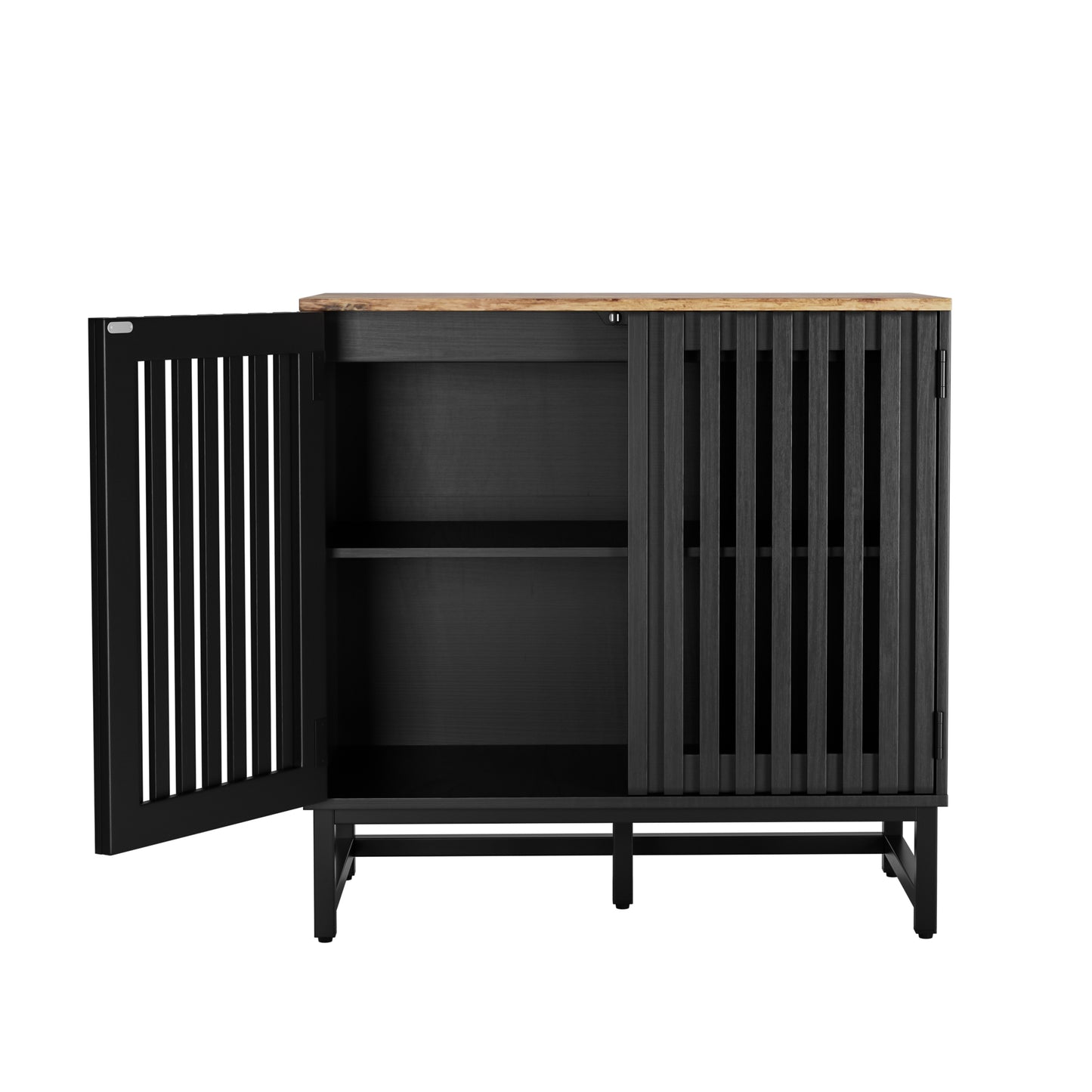 Modern Style Cabinet With Slatted Grille Striped Drawer & Door And Metal Leg