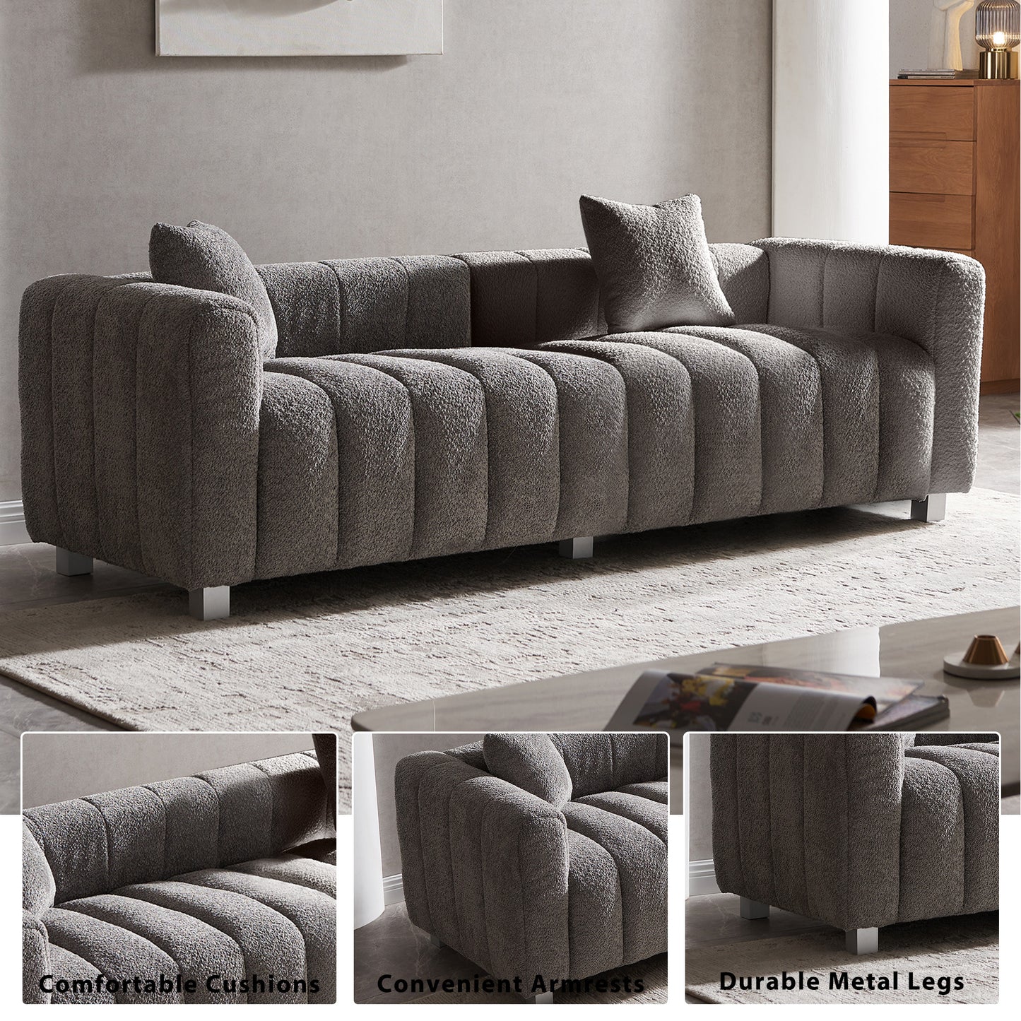 Premium Velvet Sofa 3-Seater Loveseat | Modern Bubble Upholstered Couch with Metal Base Legs + 2 Pillows – Modular Piano Design