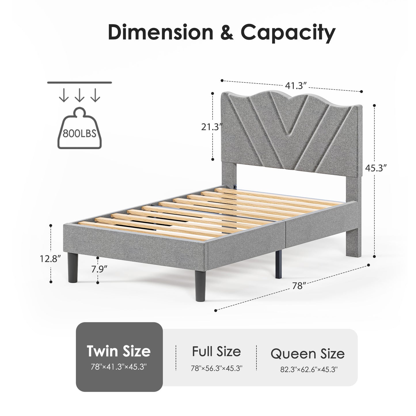 Modern Platform Bed Frame with Upholstered Headboard and Wooden Slats - Skip Box Spring, Easy Assembly