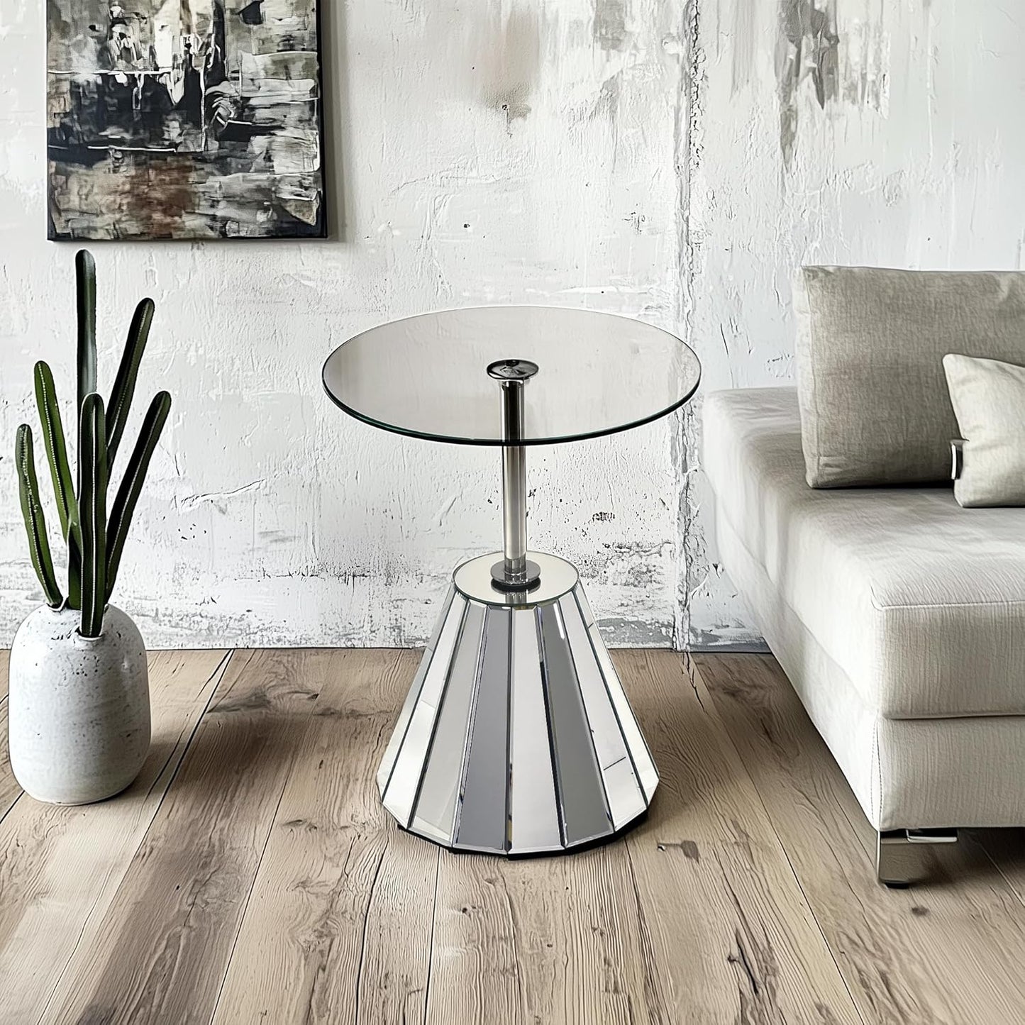 Mirrored Round End Table: Tempered Glass Desktop, Ideal as Side or Bedside Table