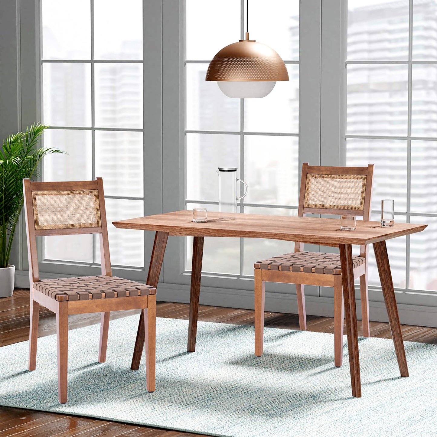Rattan Leather Woven Strips Kitchen Dining Chair Set Of 2