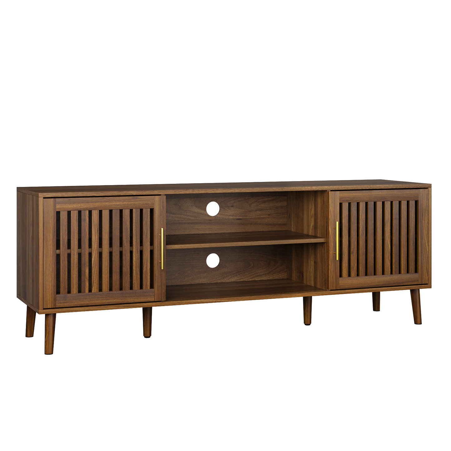 63 - Inch TV Stand with 2 Grille Door Cabinets and Adjustable Storage Rack - Ideal for 55/65/70 - Inch TVs in Medieval Modern Interiors - Walnut Wood Entertainment Center