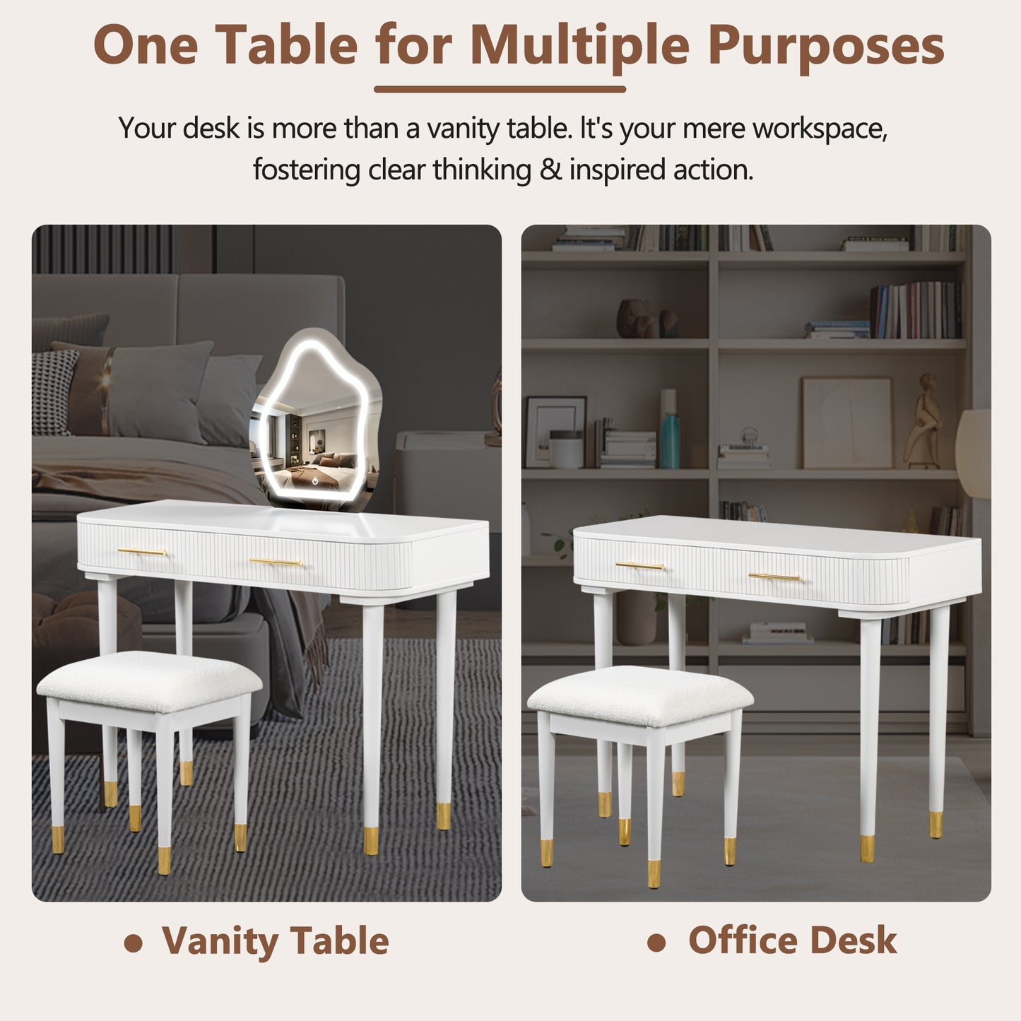 Modern Vanity Table Set: Touch - Screen Lighted Mirror, 2 Large Drawers, Cushioned Stool