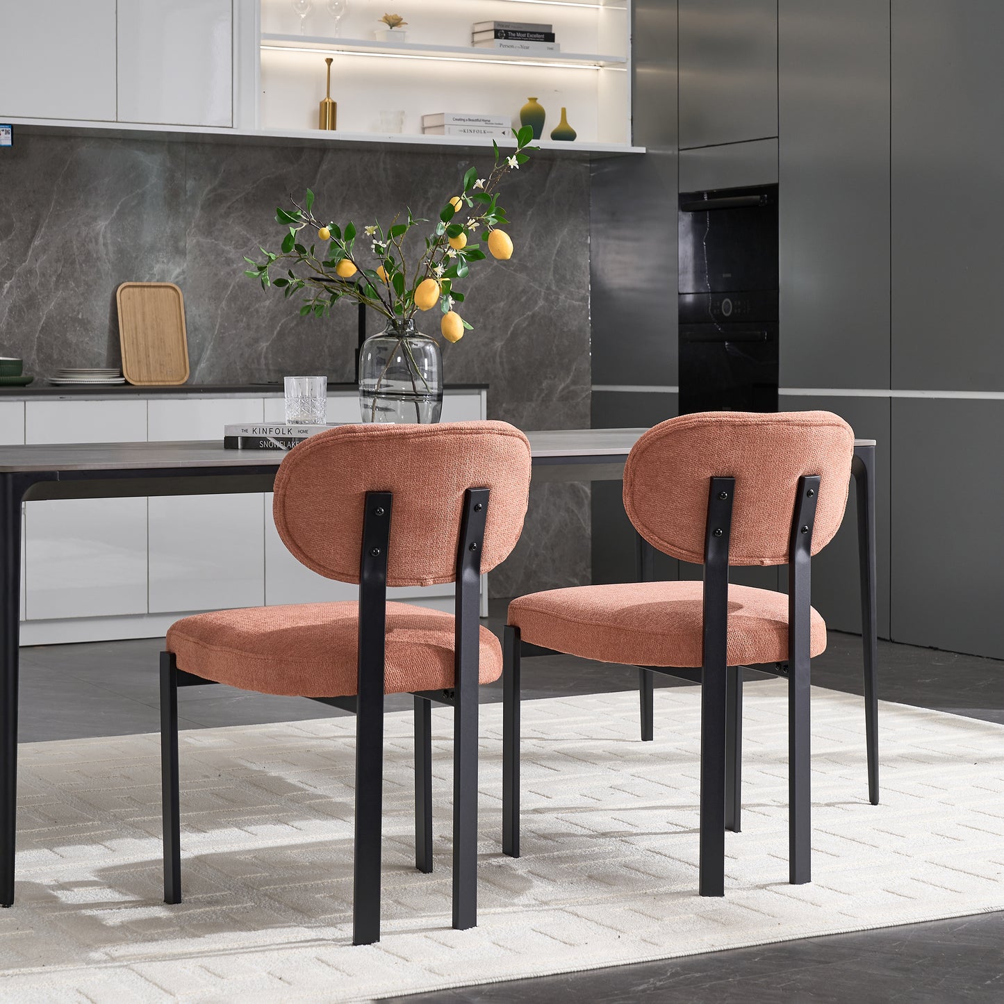 Set of 2 Modern Mid - Century Upholstered Boucle Dining Chairs: Black Metal Legs for Kitchen & Dining Room