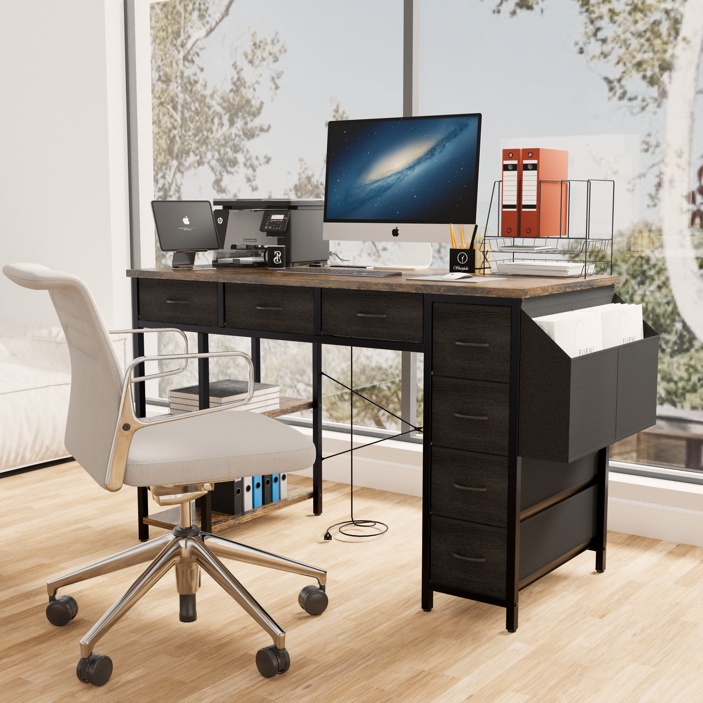 47" Computer Desk With Power Outlet,Writing Desk,Home Office desk,Vanity table with 7 Fabric Drawers, Large Side Pocket