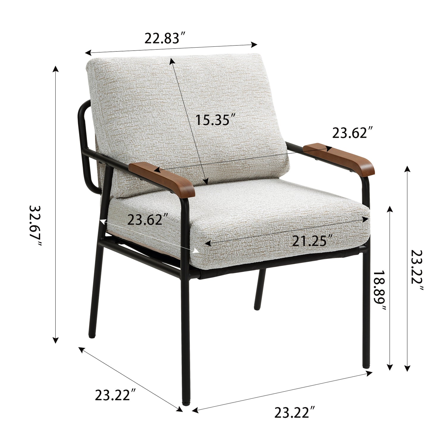 Modern Accent Chair: Natural Wood Armrests, Black Metal Frame for Living Room