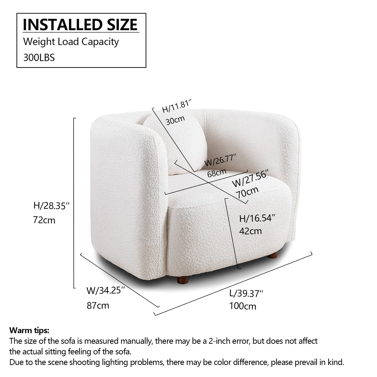 Accent Square Sofa Chair: Boucle - Upholstered Japandi Style for Living Room White