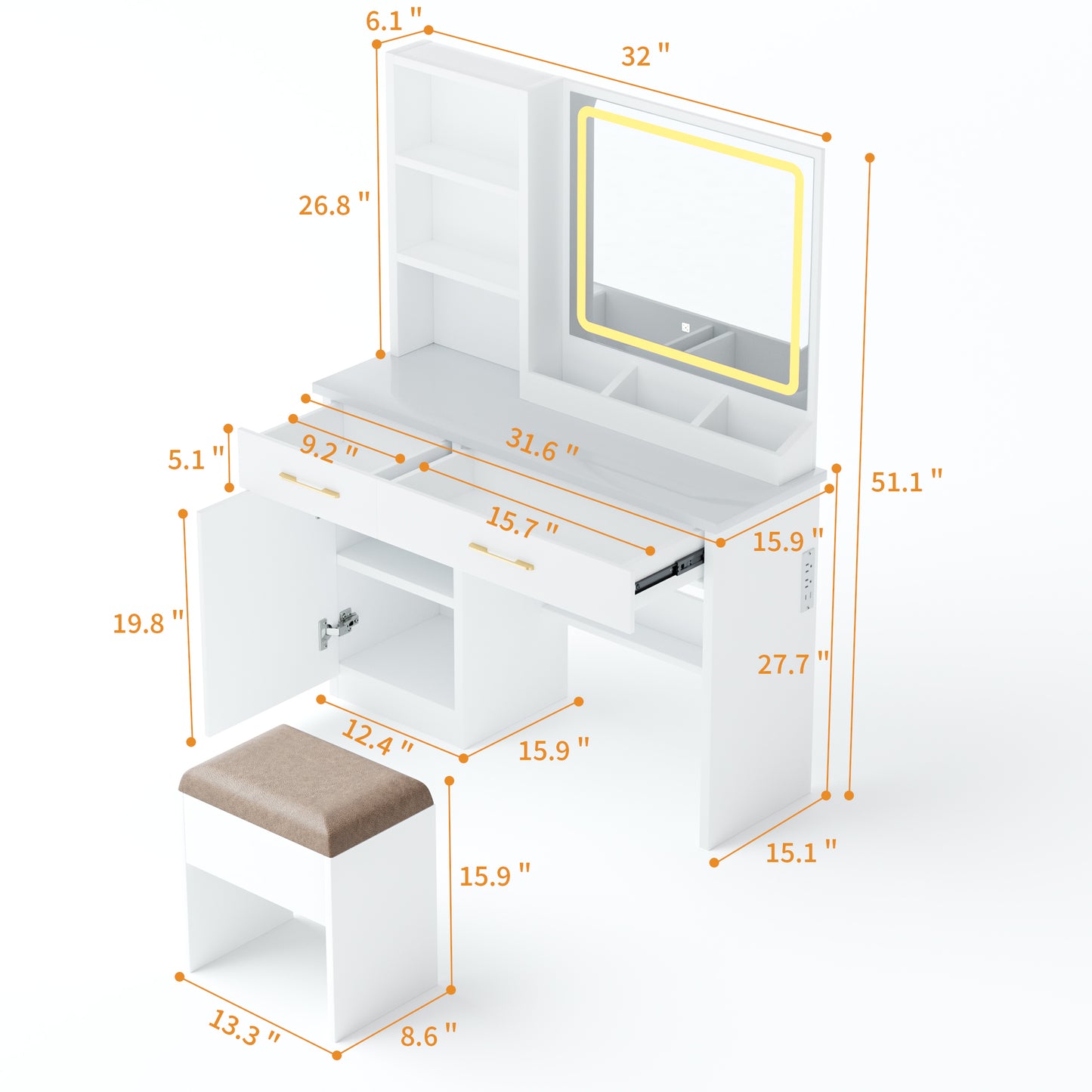 32'' Wide Makeup Vanity Desk: Lighted Mirror, Power Outlet, Ample Storage & Cushioned Stool for Bedroom & Studio