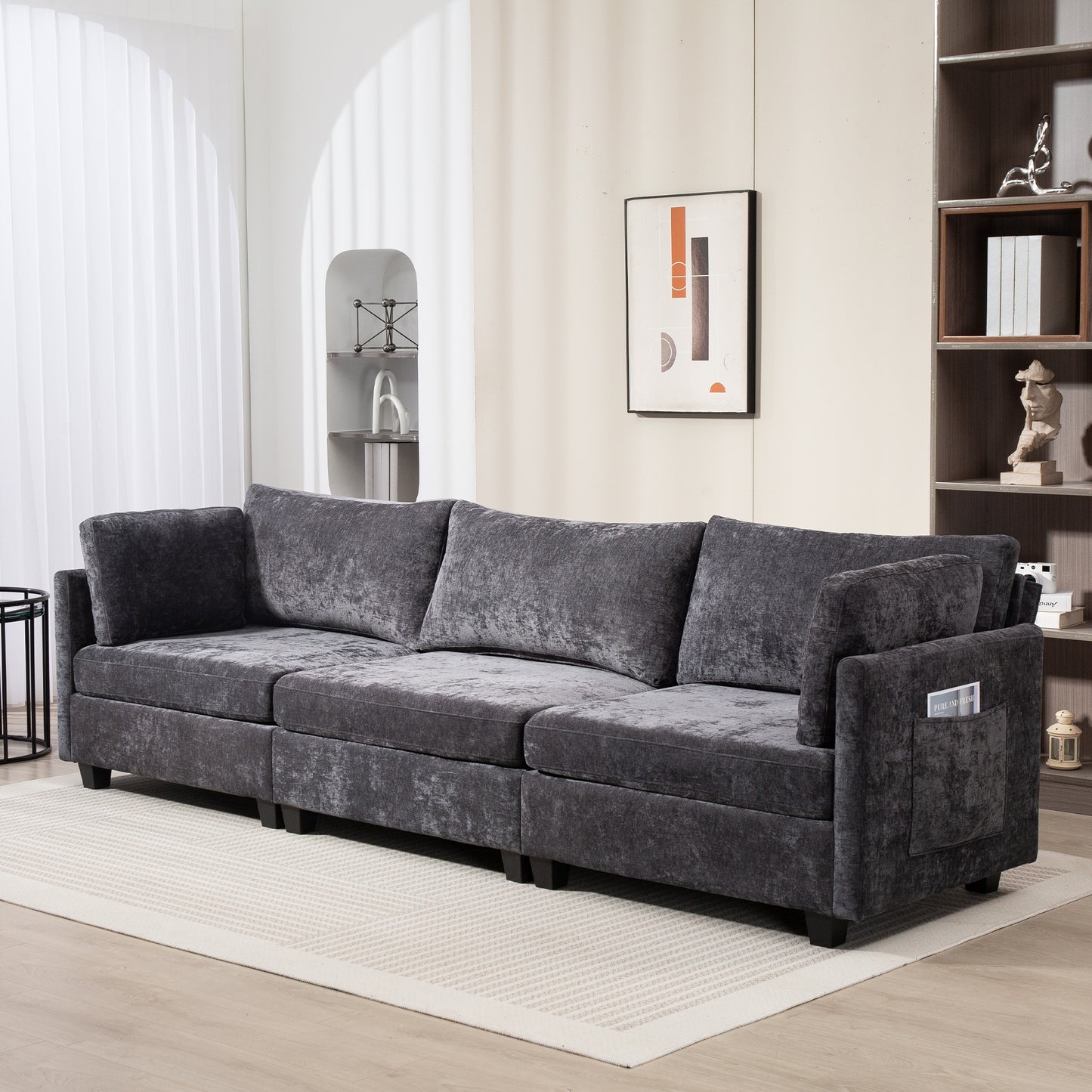 Living Room Comfort: 111" Comfy 3 - Seater Chenille Fabric Couch, Ultra - Soft Cushions & Side Pocket