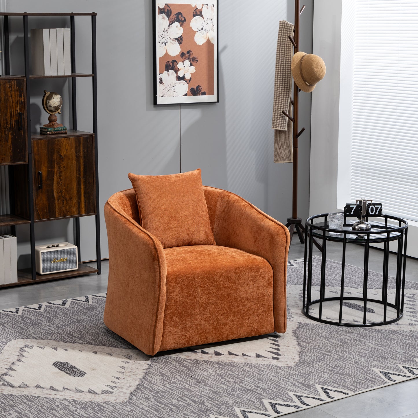 Mid Century Modern Swivel Accent Chair: Wood Frame, Upholstered with Waist Cushion for Living & Bedroom 2 Colors