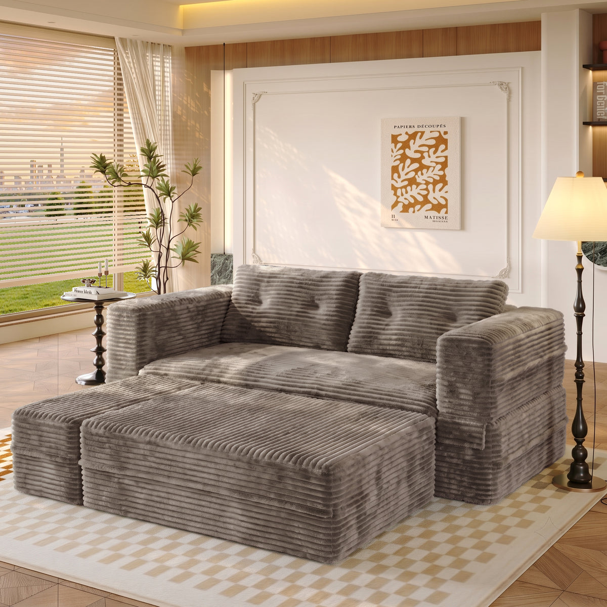 King Size Sleeper Sofa Bed – Plush Corduroy Deep Seat Couch with Independent Chaise & Convertible Blanket