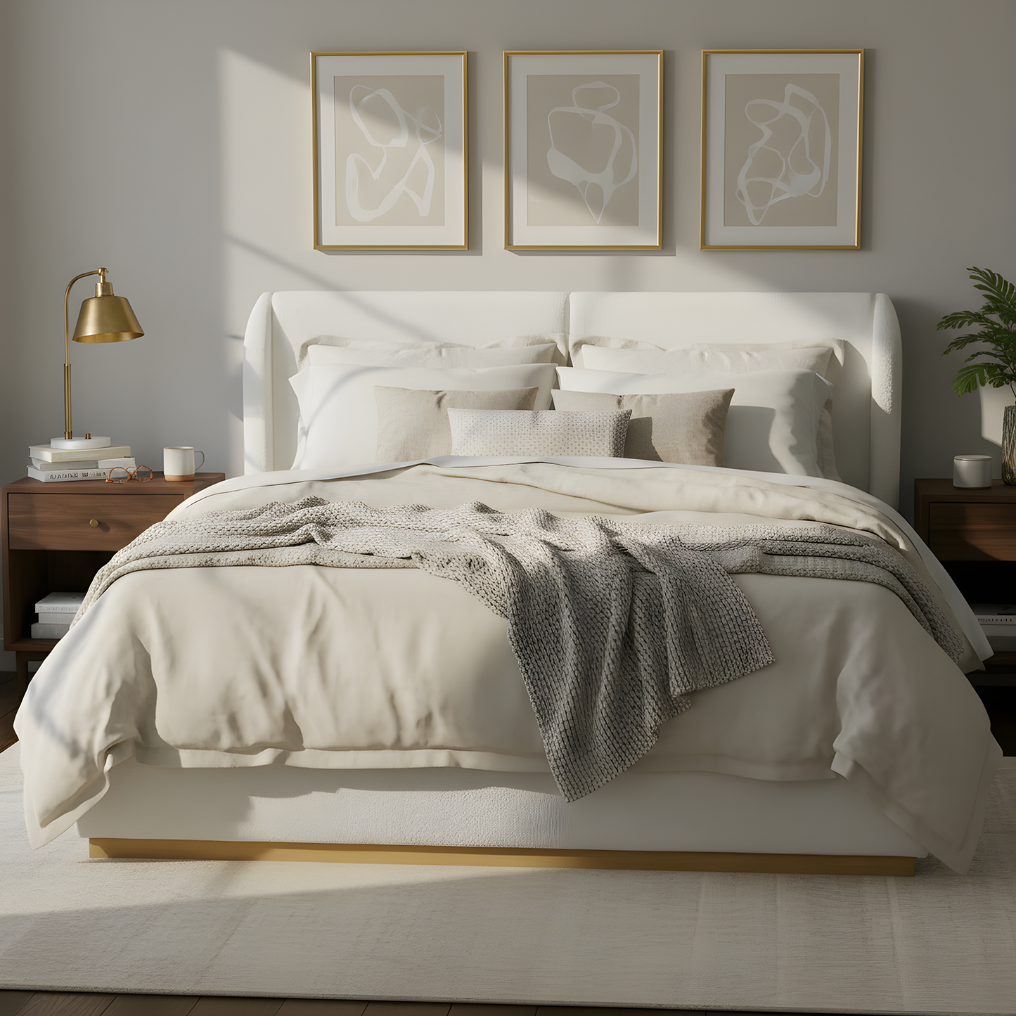 Modern White Bouclé Winged Bed Frame with Enclosed Wood Base | Queen & King – Dust & Pet BarrierNo Box Spring Needed