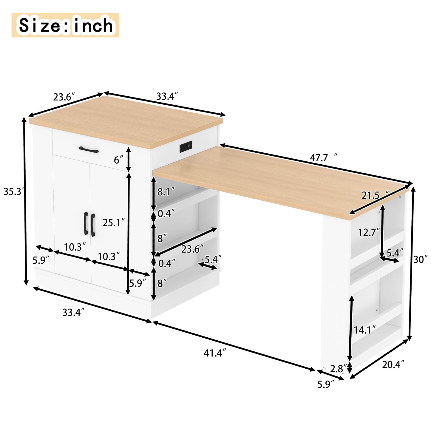 Extendable island console with drawers, double-door cabinet, and open shelving