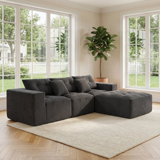 L-Shaped Modular Sectional Sofa with Movable Chaise – Vintage Corduroy, No Assembly Required, 3 Seats