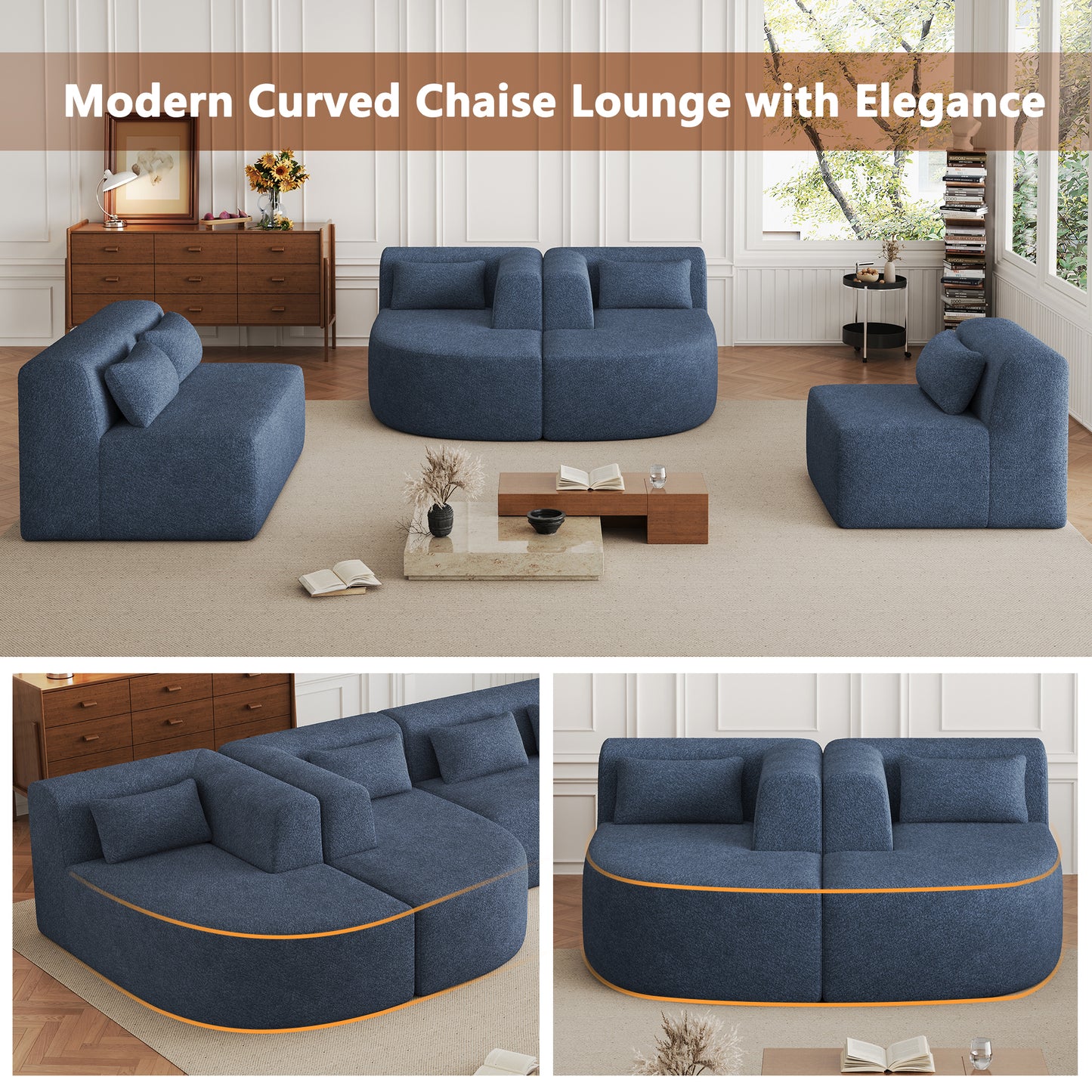 144" Upholstered Sofa: Free - combined with Two Chaise Lounges, Five Back Pillows for Living Room