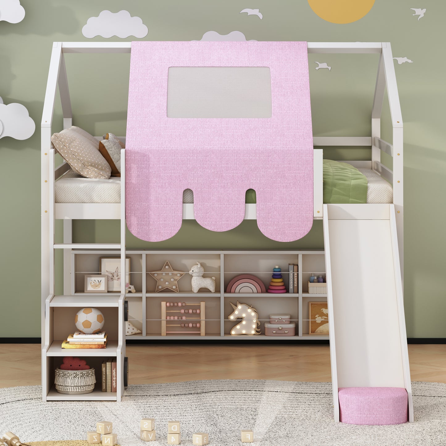 Wooden Loft Bed with House - Shaped Frame and Tent: Ideal for Kids' Rooms