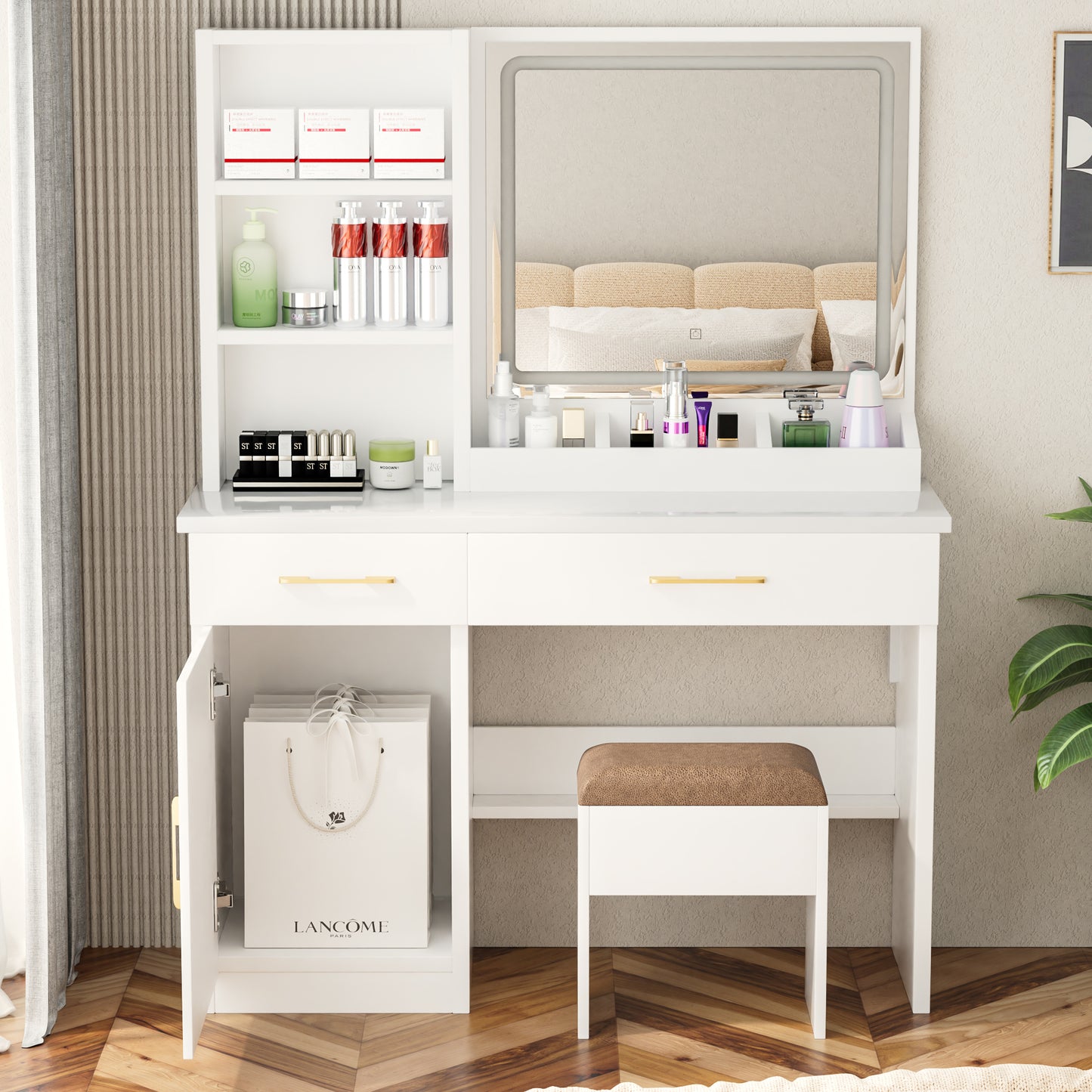 32'' Wide Makeup Vanity Desk: Lighted Mirror, Power Outlet, Ample Storage & Cushioned Stool for Bedroom & Studio