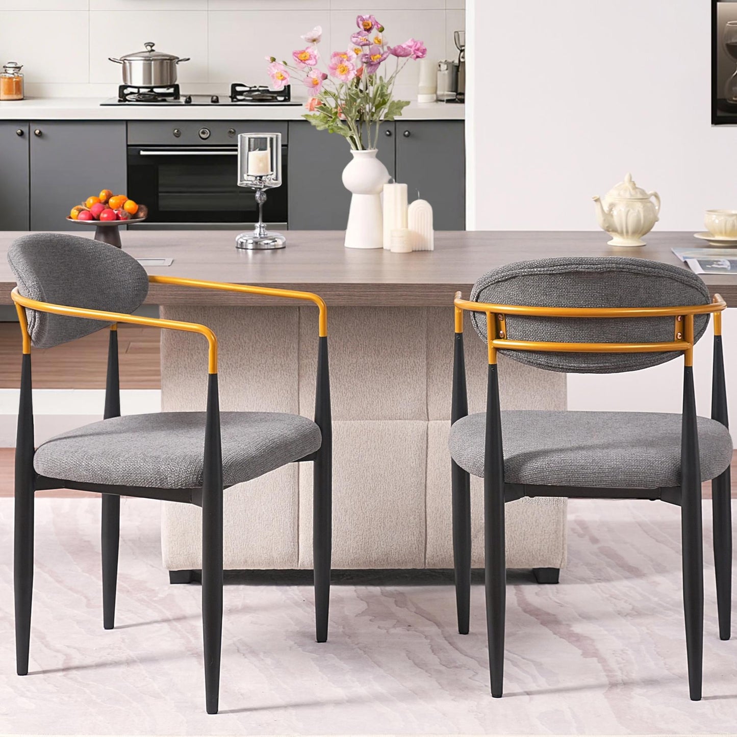 Modern Upholstered Dining Chair with Gold-Accented Armrests Set of 2