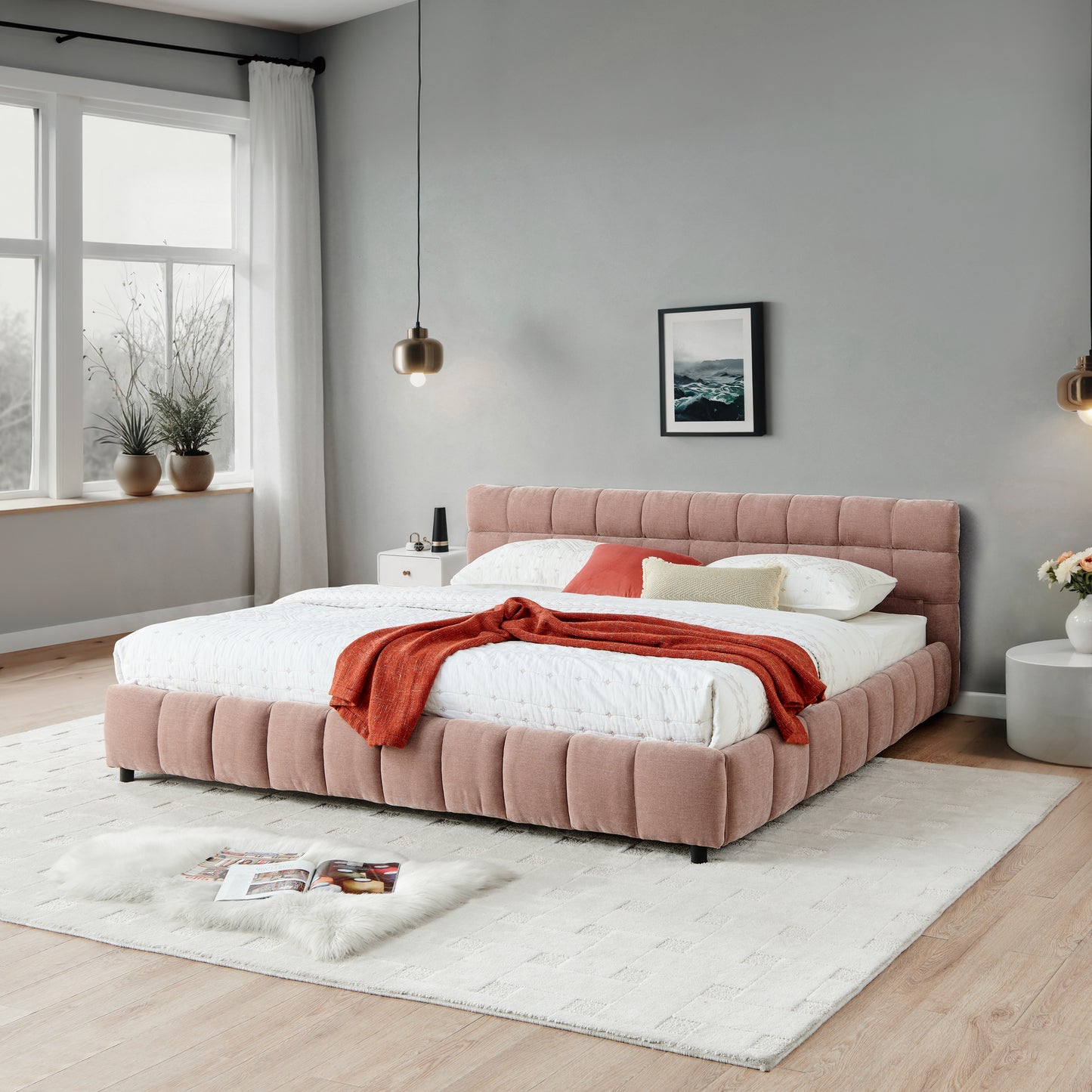 California King size Upholstered Bed Frame, Chenille fabric with headboard and solid bed frame. With drawer for storage